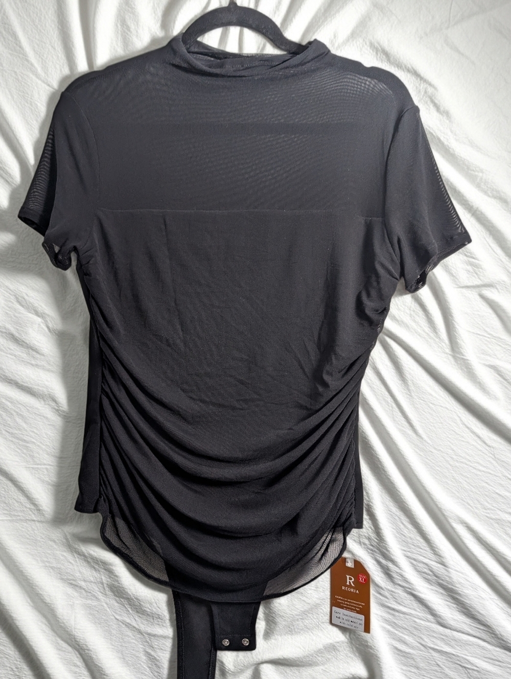 ReoRia Black Short Sleeve Draped Mock Neck Bodysuit